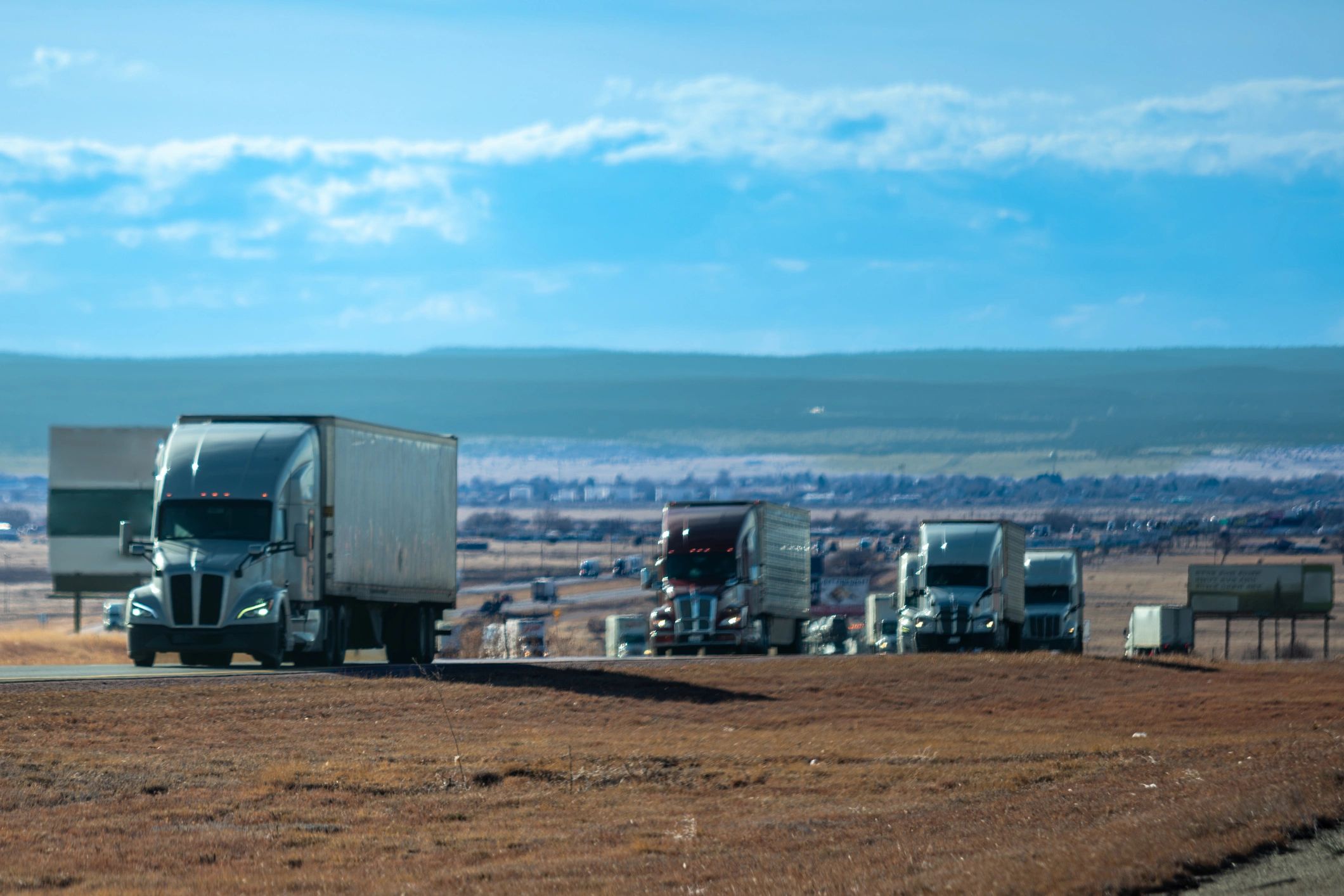Commercial trucks staged for transportation operations